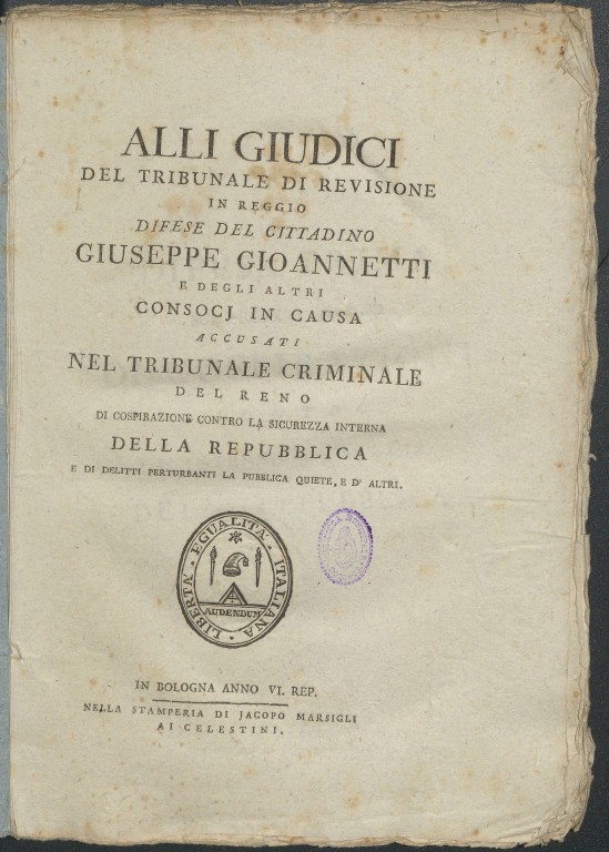 immagine di Giuseppe Gambari, Alli giudici ... difese del cittadino Giuseppe Gioannetti (1797)