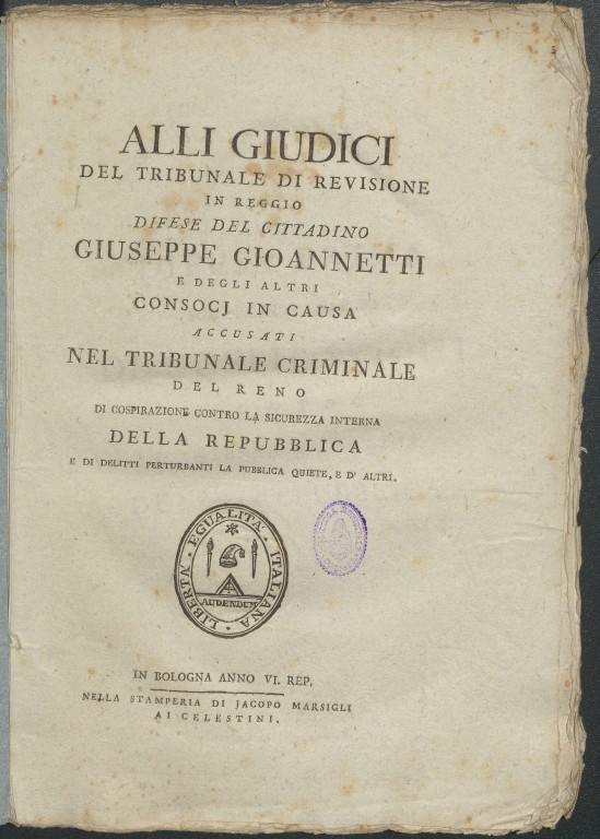 image of Giuseppe Gambari, Alli giudici ... difese del cittadino Giuseppe Gioannetti (1797)