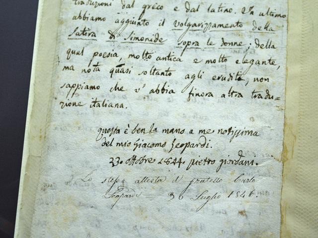 Attestato di autenticità del manoscritto di Leopardi da parte dell'amico Pietro Giordani 