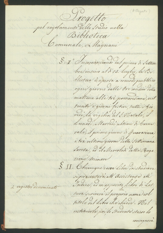 "Progetto pel Regolamento dello studio nella Biblioteca Comunale e Magnani", allegato al Verbale della Seduta del 25 novembre 1845 della Deputazione comunale di Pubblica Istruzione