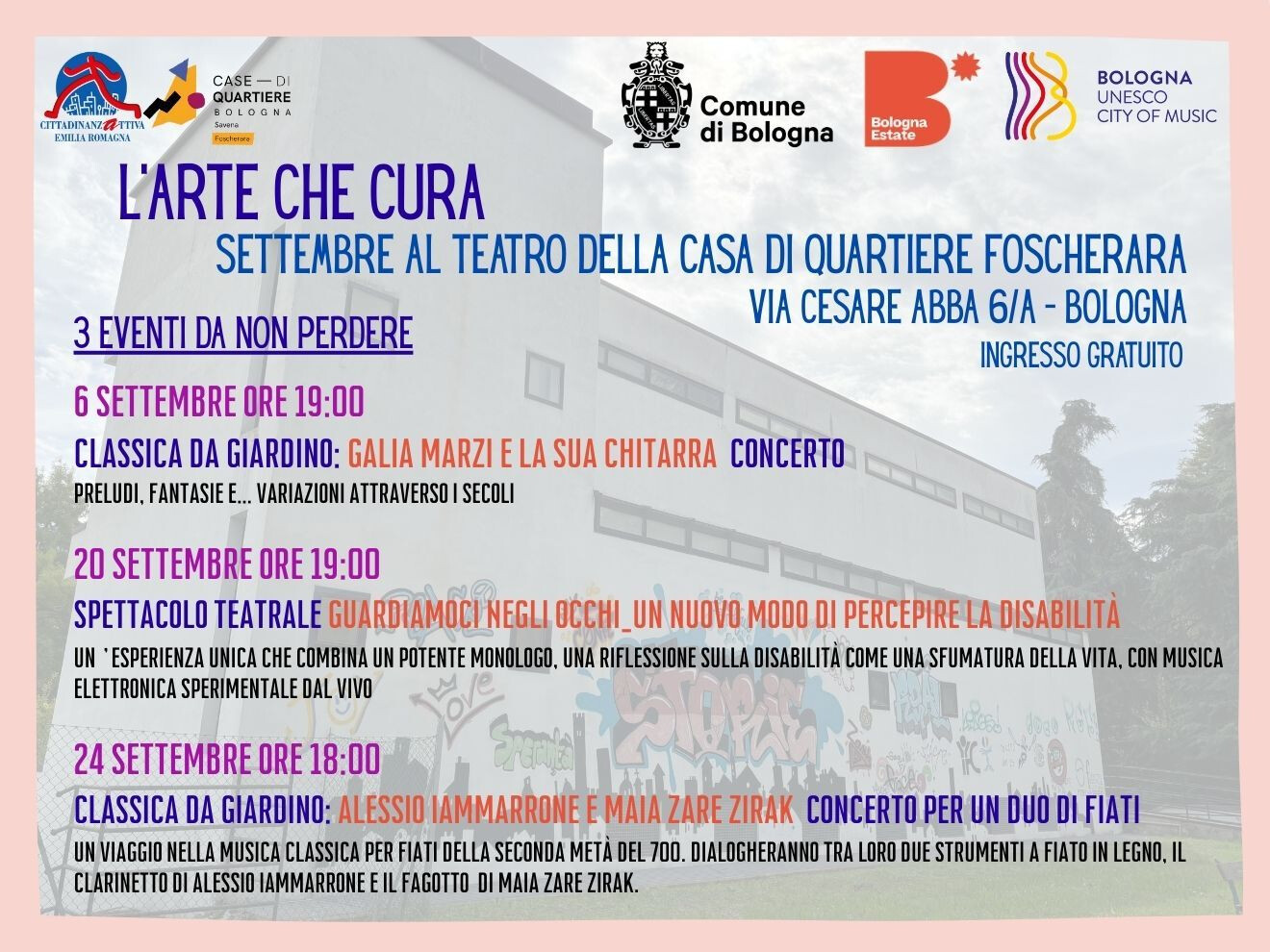 L'arte che cura settembre al Teatro della Casa di Quartiere Foscherara 