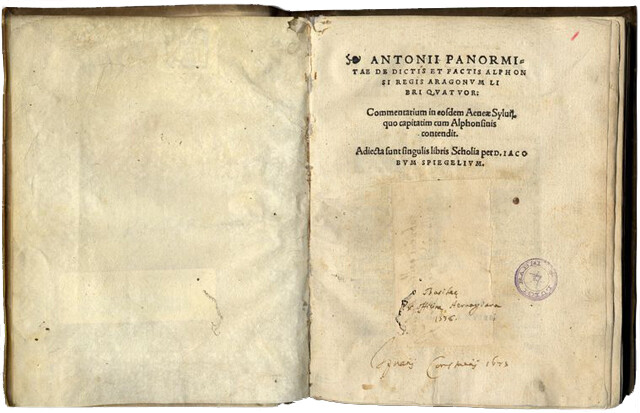 Panormita De dictis et factis Alphonsi regis Aragonum libri quatuor Basileae, ex officina Heruagiana, 1538 (BCABo, 5.qq.III.27)(BCABo, Rabbi C.51)