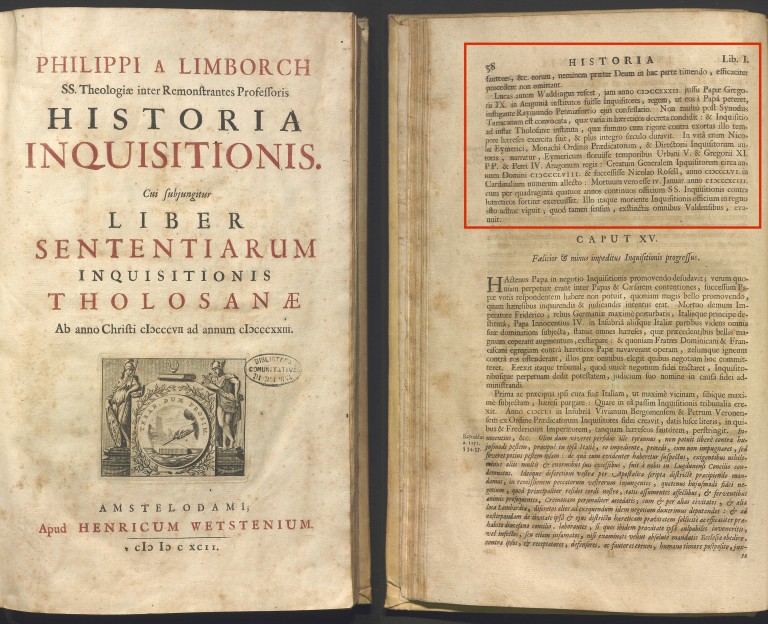 copertina di Philippus van Limborch, Historia inquisitionis (1692)