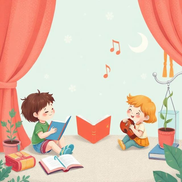 Illustrazione ambientata su una sorta di palcoscenico incorniciato da grandi tende rosa confetto ai lati. Due bambini sono seduti sul pavimento: a sinistra, un bimbo sfoglia un libro con copertina azzurra, mentre a destra una bimba sorride abbracciando una piccola chitarra. Al centro tra di loro c'è un libro aperto posizionato a capanna, e altri libri sono sparsi sul pavimento insieme a piante in vaso. Sullo sfondo azzurro chiaro spiccano una mezzaluna e alcune note musicali arancioni.