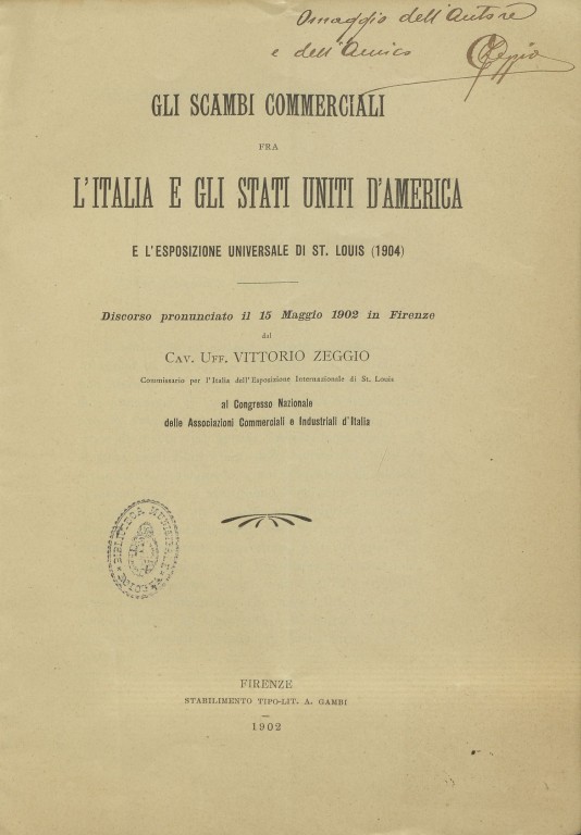 Vittorio Zeggio, Gli scambi commerciali fra l'Italia e gli Stati Uniti d'America e l'Esposizione Universale di St. Louis (1904)