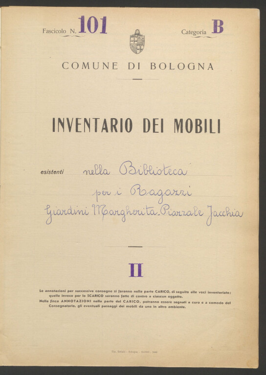Inventario dei mobili esistenti nella Biblioteca per i Ragazzi