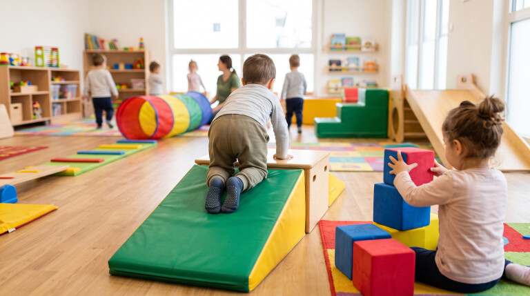 Bambini di spalle che giocano in uno spazio motricità colorato con scivoli in gommapiuma e costruzioni