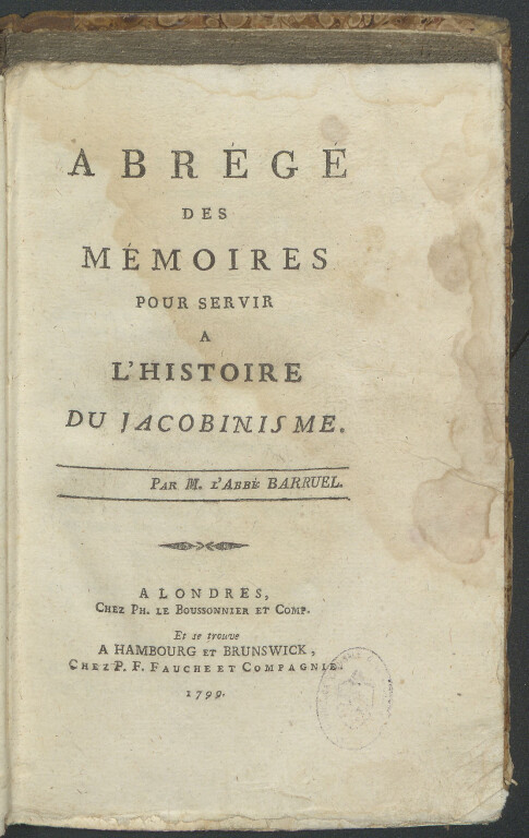 immagine di Augustin Barruel, Abrégé des mémoires pour servir à l'histoire du Jacobinisme (1799)