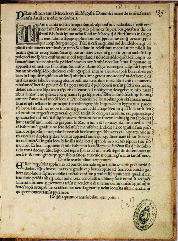 Novara, Domenico Maria Pronosticon anni 1489 magistri Dominici marie de noaria ferrariensis artium ac medicine doctoris 