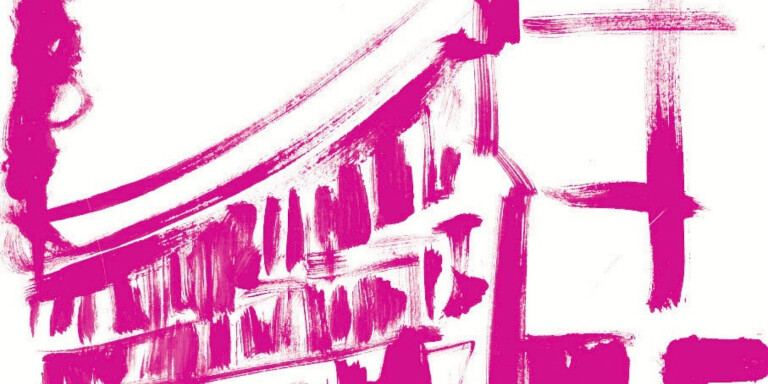 Illustrazione astratta magenta di un edificio a più piani con tetto curvo su sfondo bianco