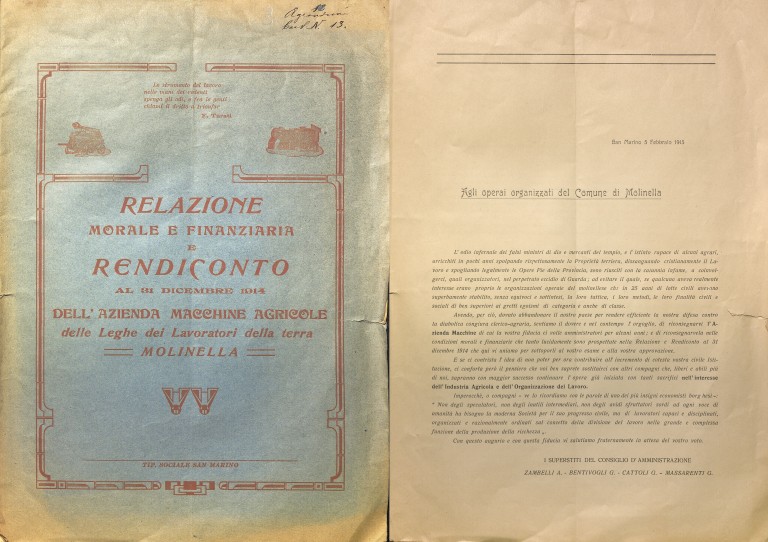 Relazione morale e finanziaria e rendiconto al 31 dicembre 1914 dell’Azienda Macchine Agricole delle Leghe dei Lavoratori della terra – Molinella (1915)