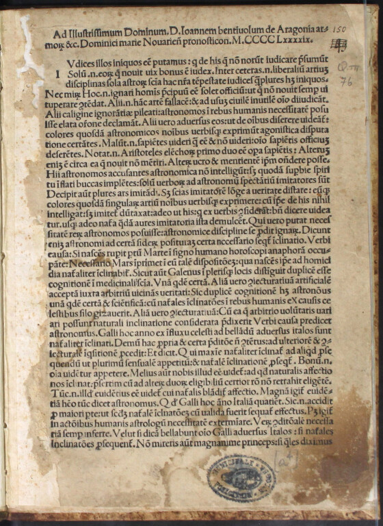 Novara, Domenico Maria Ad illustrissimum dominum D. Ioannem bentiuolum de Aragonia armorum &c. Dominici marie Nouariensis pronosticon 1499 