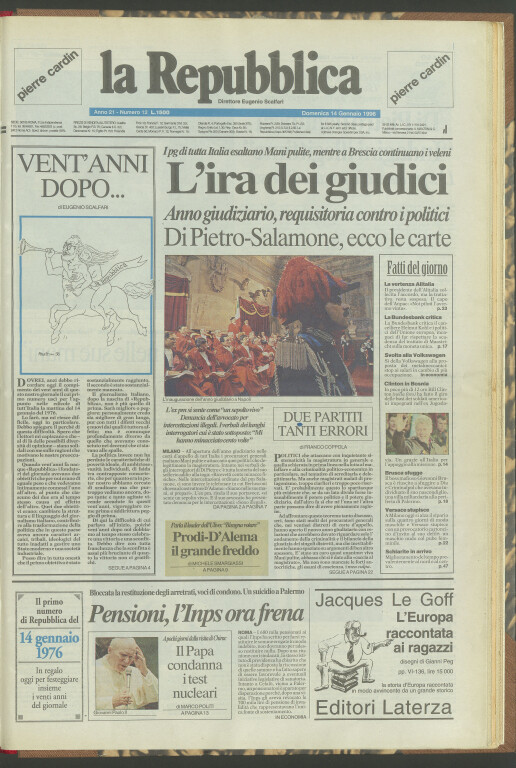 image of «la Repubblica», 14 gennaio 1996 - Prima pagina