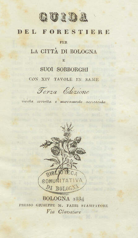 copertina di Guida del forestiere per la città di Bologna e i suoi sobborghi con 14 tavole di rame