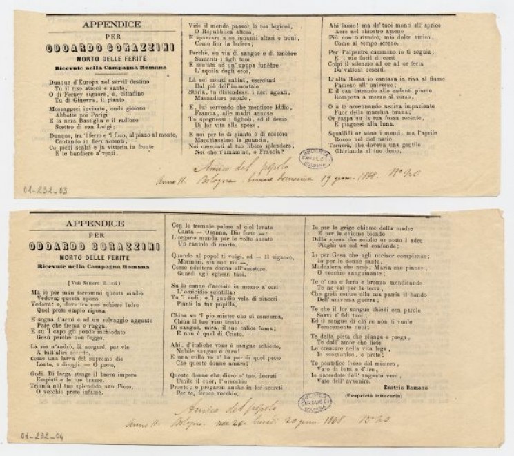 «Per Odoardo Corazzini» in «L'Amico del popolo», 19-20 gennaio 1868