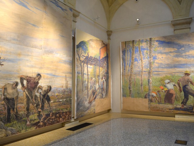 Mostra dei cartori preparatori di Galileo Chini per gli affreschi della Casa del Contadino di Bologna 