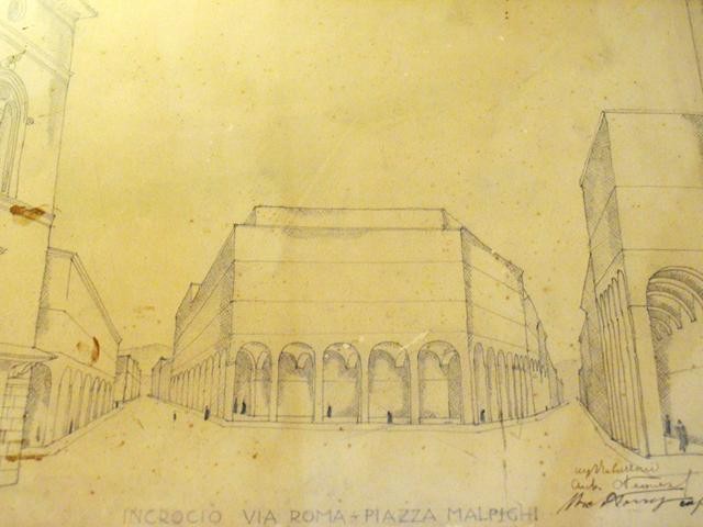 Progetto per la nuova piazza tra via Ugo Bassi e piazza Malpighi - 1938 - Fonte: Mostra "Carte e pensieri per costruire la città" - Archiginnasio (BO) - 2016