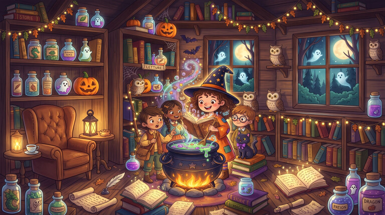 Illustrazione orizzontale in stile fiabesco per bambini. Al centro, una giovane strega sorridente legge a voce alta da un grande libro aperto di magia, sprigionando lettere e scintille luminose sopra un paiolo bollente. Attorno al paiolo, tre bambini la ascoltano incantati. La scena si svolge in una biblioteca accogliente e decorata per Halloween, con scaffali pieni di libri e boccette magiche, zucche intagliate, fantasmini amichevoli alla finestra, un gatto nero e piccole luci calde.