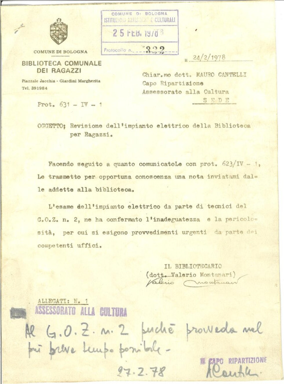 Revisione dell’impianto elettrico della Biblioteca per Ragazzi (24 febbraio 1978)
