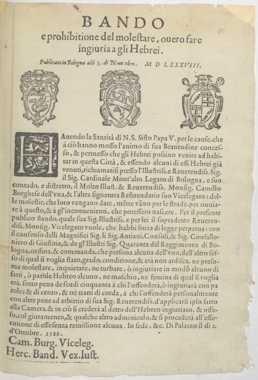 Bando e prohibitione del molestare, ouero fare ingiuria agli Hebrei - Sisto V, 3 novembre 1588
