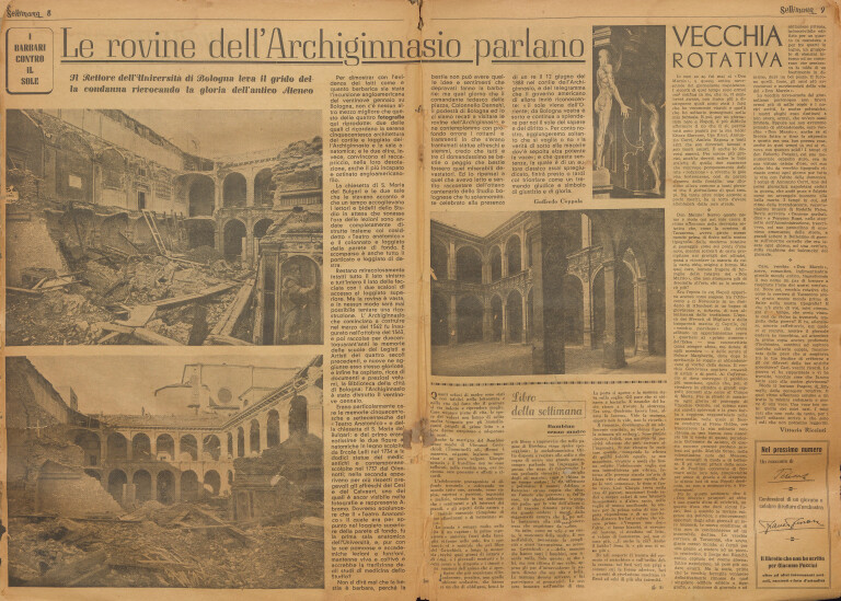 Goffredo Coppola, Le rovine dell’Archiginnasio parlano, «Settimana. Illustrato del “Resto del Carlino”», 19 febbraio 1944, a. I, n. 1, p. 8-9.