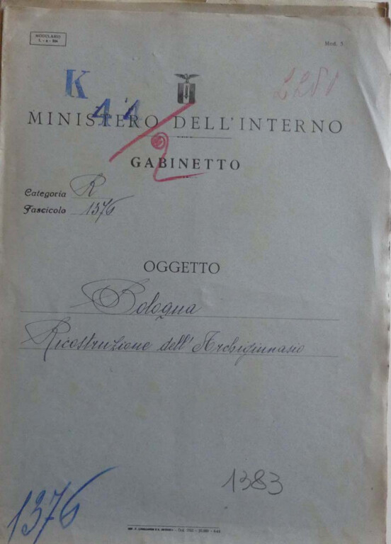 Fascicolo n. 1376 del Gabinetto del Ministero dell'Interno della R.S.I. Oggetto:&nbsp;Bologna. Ricostruzione dell'Archiginnasio.