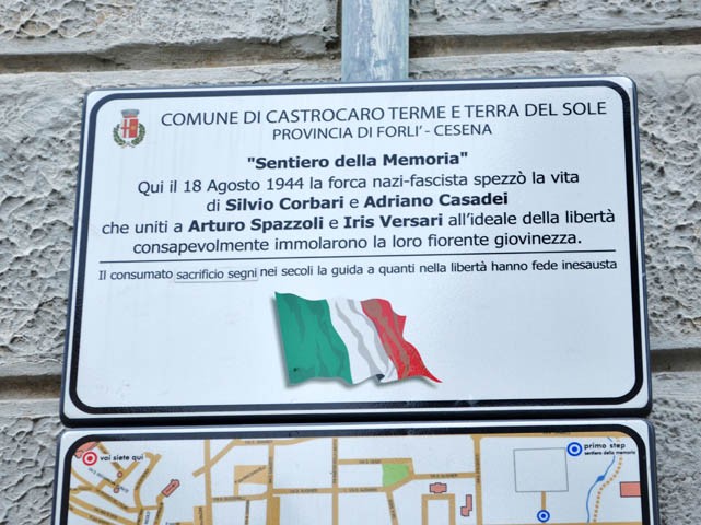 Targa nei pressi del luogo in cui furono impiccati Silvio Corbari e altri componenti della sua formazione partigiana - Castrocaro Terme (FO)