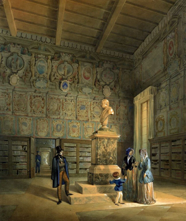 Contardo Tomaselli e Onofrio Zanotti, La Sala a Tramontana (ex Aula Magna degli Artisti e attuale Sala di lettura della Biblioteca), con il busto di Pio IX, il pontefice regnante nel 1849