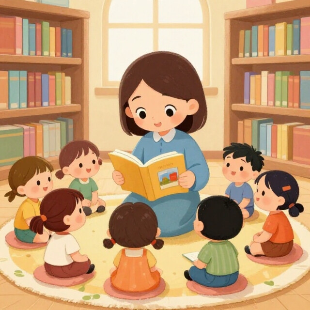 Illustrazione di una lettura ad alta voce in biblioteca: una donna legge un libro illustrato a un gruppo di bambine e bambini seduti in cerchio su cuscini, tra scaffali pieni di libri e un'ampia finestra sullo sfondo.