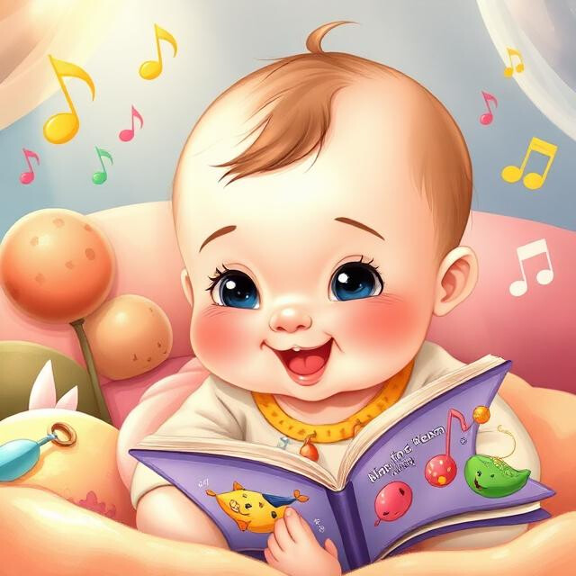 Illustrazione colorata in stile cartone animato di un neonato sorridente con grandi occhi azzurri e guance rosa, sdraiato tra morbidi cuscini. Il bimbo tiene tra le mani un libro aperto con pagine viola che mostrano note musicali colorate e buffi personaggi. Intorno alla sua testa fluttuano nell'aria diverse note musicali gialle, verdi e rosa, a indicare un'atmosfera allegra e melodica.