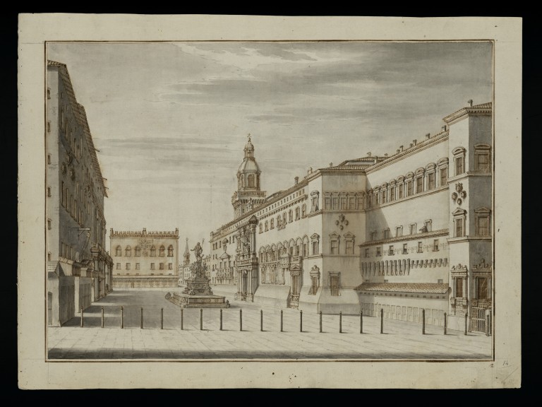 immagine di Pio Panfili, Veduta della Piazza della Fontana, e Palazzo Pubblico della Città di Bologna - Disegno