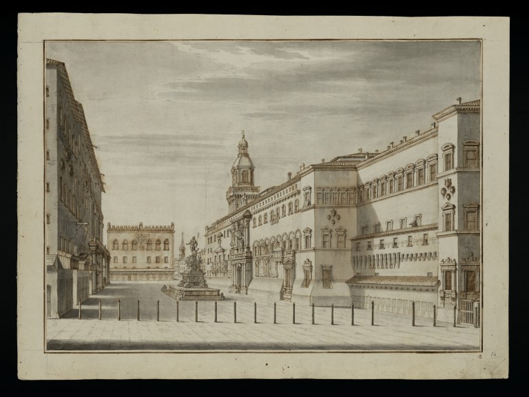 Pio Panfili, Veduta della Piazza della Fontana, e Palazzo Pubblico della Città di Bologna - Disegno