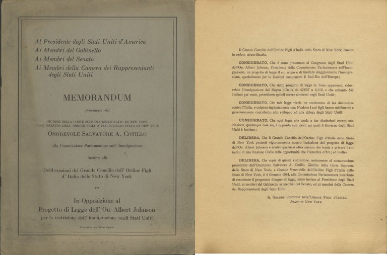 immagine di Memorandum contro la restrizione dell'immigrazione negli Stati Uniti (1924?)
