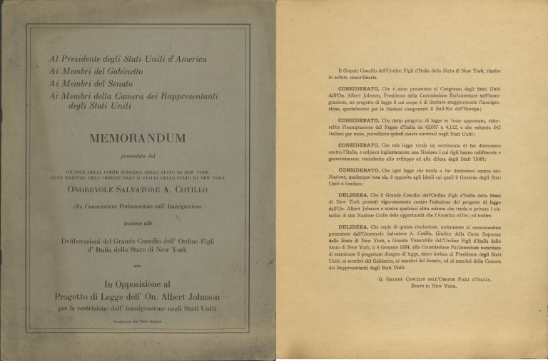 Memorandum contro la restrizione dell'immigrazione negli Stati Uniti (1924?)