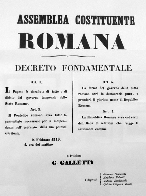Decreto fondamentale dell'Assemblea Costituente Romana del 9 febbraio 1849 a firma G. Galletti - Fattoria Guiccioli - Mandriole (RA)