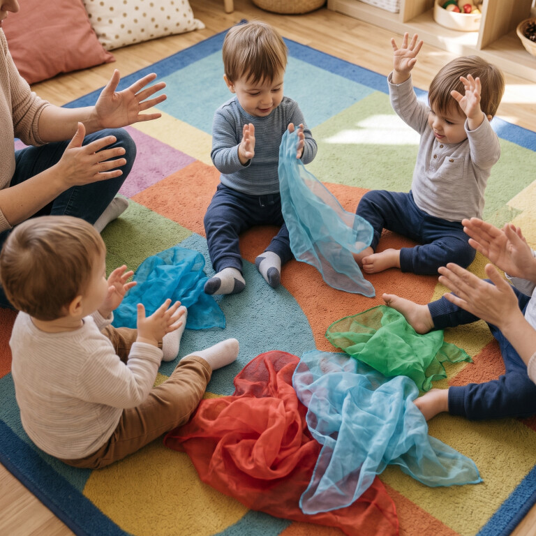 Inquadratura dall'alto di bambini piccoli e un adulto seduti in cerchio su un tappeto colorato, intenti a battere le mani e a muovere leggeri teli colorati durante un'attività di ritmo e canto