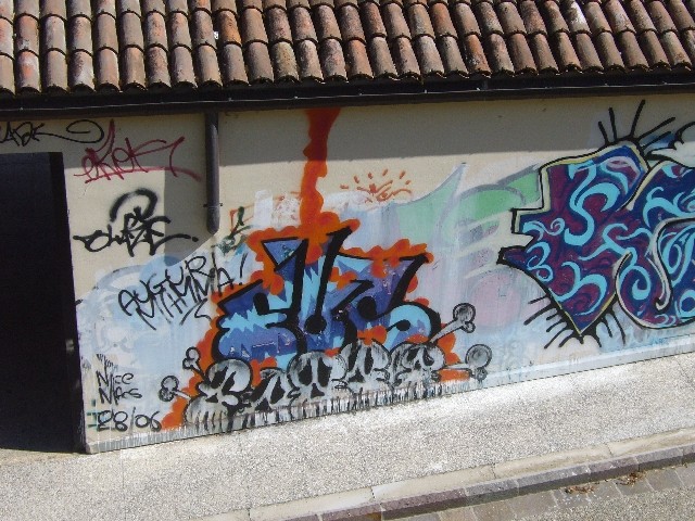 Graffiti sui muri della biblioteca Tassinari Clò 