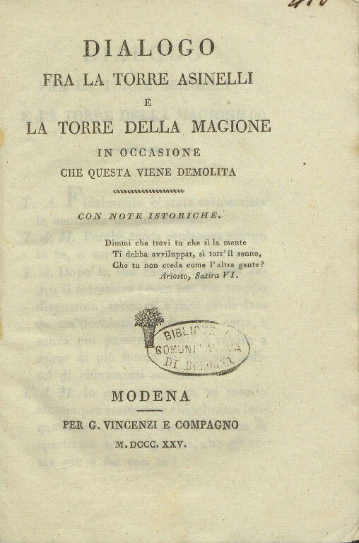 immagine di Dialogo fra la torre Asinelli e la torre della Magione (1825)
