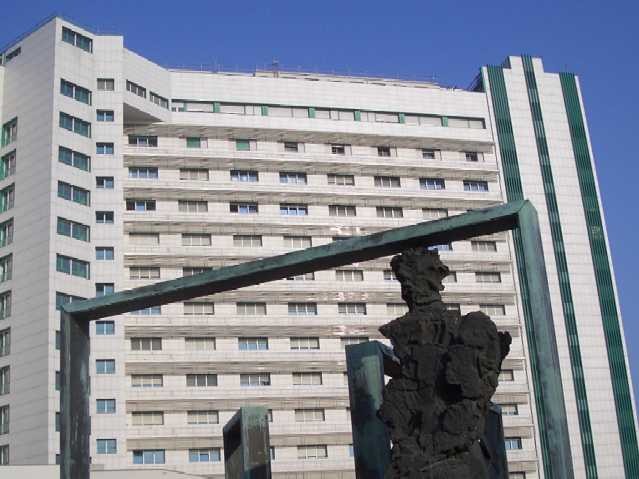 L'Ospedale Maggiore con particolare della fontana all'ingresso opera di S. Cherchi e R.G. Regosa (1972)