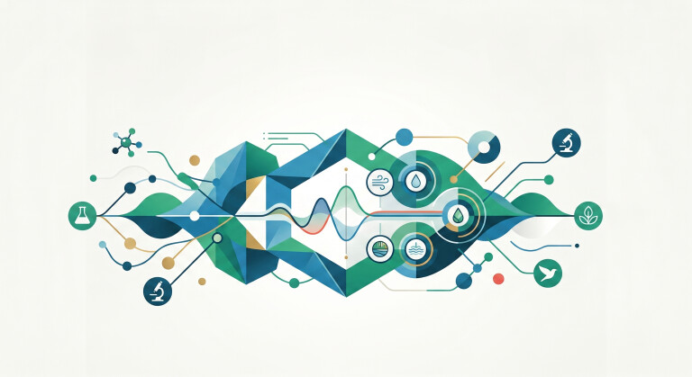 "Illustrazione vettoriale moderna e simmetrica nei toni del verde teal e blu. Al centro presenta forme geometriche, onde di dati e icone circolari relative ad aria, acqua ed ecologia, collegate tramite nodi e circuiti a simboli di ricerca scientifica come provette, microscopi e una colomba