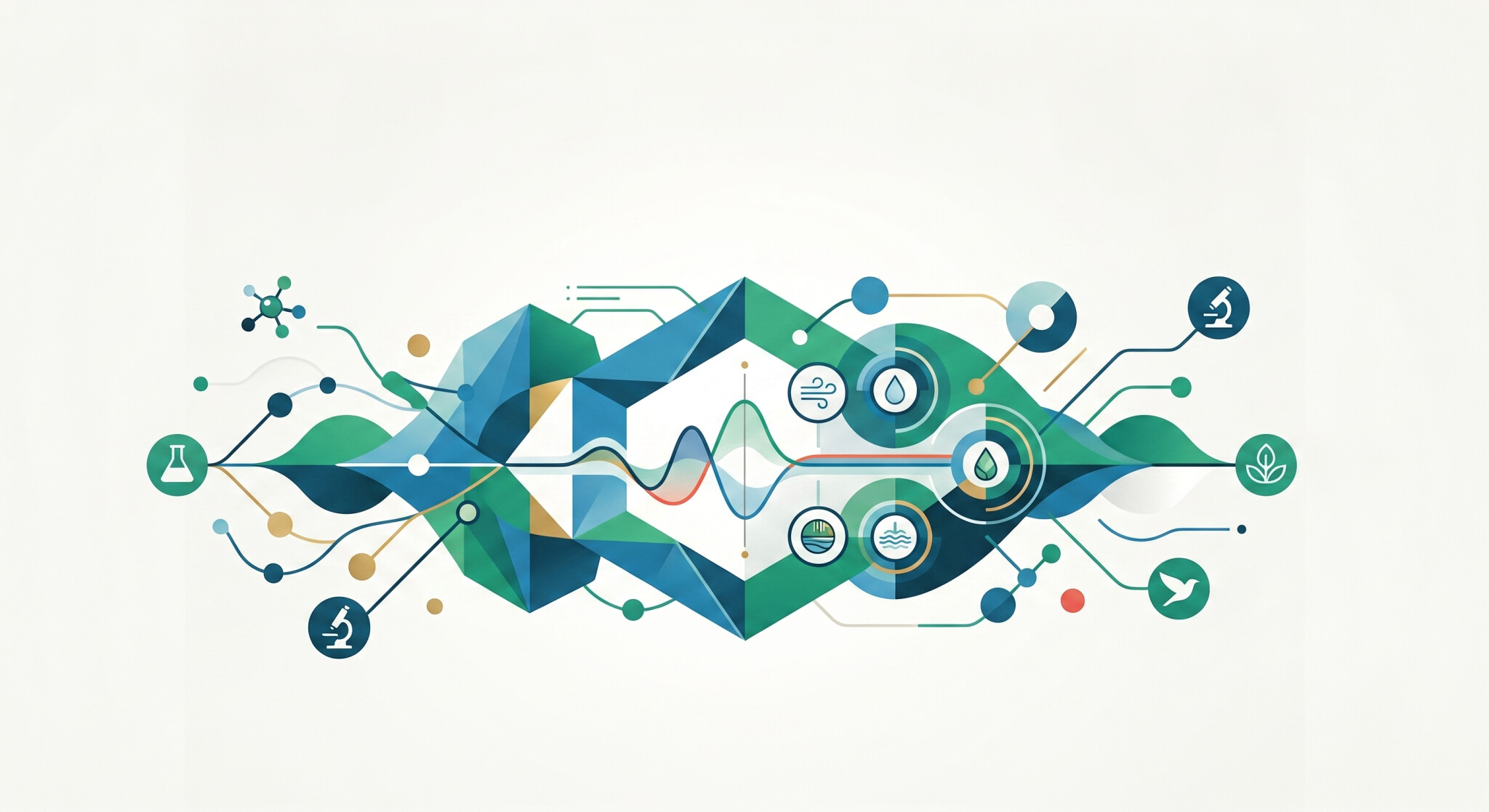 "Illustrazione vettoriale moderna e simmetrica nei toni del verde teal e blu. Al centro presenta forme geometriche, onde di dati e icone circolari relative ad aria, acqua ed ecologia, collegate tramite nodi e circuiti a simboli di ricerca scientifica come provette, microscopi e una colomba