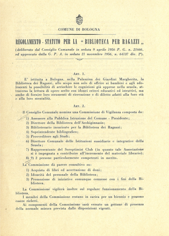 Regolamento-statuto per la "Biblioteca dei ragazzi" (21 novembre 1956)