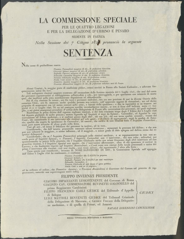 Sentenza contro un gruppo di Carbonari di Pesaro (1826)