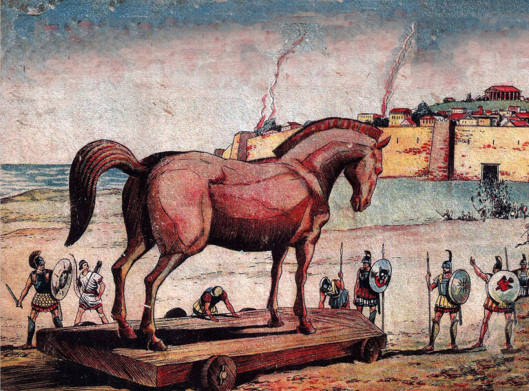illustrazione a fumetto d'ispirazione archeologica del cavallo di Troia dinanzi alle mura della città in fiamme, circondato da soldati achei sulla riva del mare