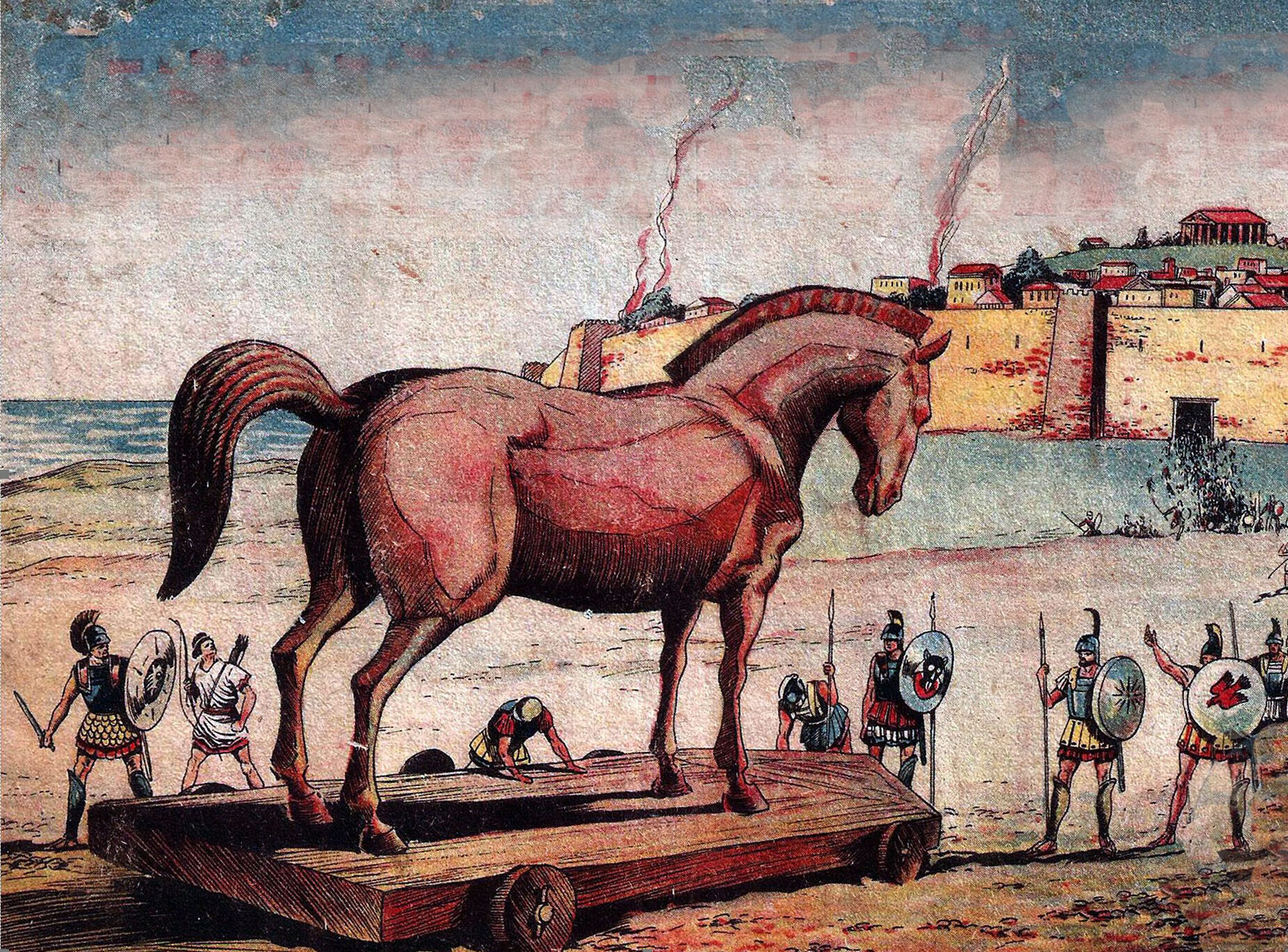 illustrazione a fumetto d'ispirazione archeologica del cavallo di Troia dinanzi alle mura della città in fiamme, circondato da soldati achei sulla riva del mare