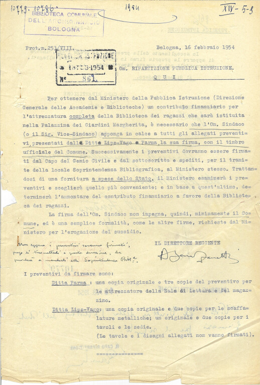 Richiesta di contributo statale (16 febbraio 1954)