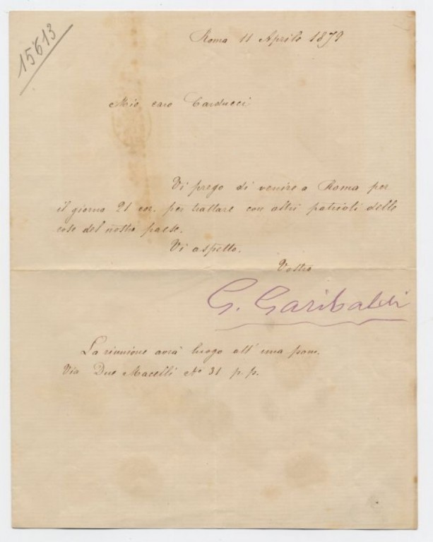 immagine di Garibaldi a Carducci, firma autografa