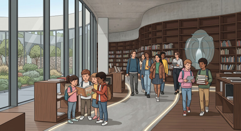 Illustrazione digitale in stile contemporaneo di un'ampia e luminosa biblioteca moderna dal design minimalista. Lungo un percorso guidato da strisce luminose a terra, bambini e ragazzi di varie età (dai 5 ai 12 anni) camminano e interagiscono in piccoli gruppi: in primo piano alcuni bambini più piccoli sfogliano un grande libro illustrato, mentre ragazzi più grandi avanzano lungo il corridoio con libri e tablet. Lo sfondo presenta alte scaffalate in legno ricurve piene di libri, grandi vetrate a tutta altezza e una scultura d'arte contemporanea.