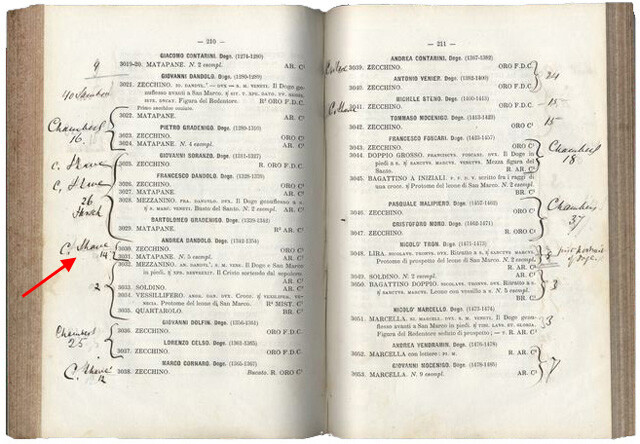   Catalogo di una vasta collezione di monete greche e romane consolari ed imperiali, monete di zecche italiane medioevali e moderne, monete pontificie e piombi pontifici e medaglie appartenenti al fu cav. Pietro Merolli