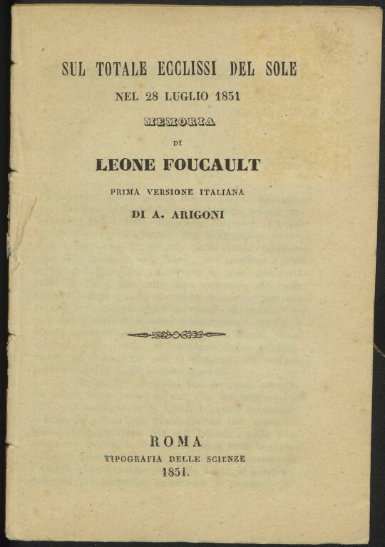 immagine di Léon Foucault, Sul totale ecclissi del sole nel luglio 1851 (1851)